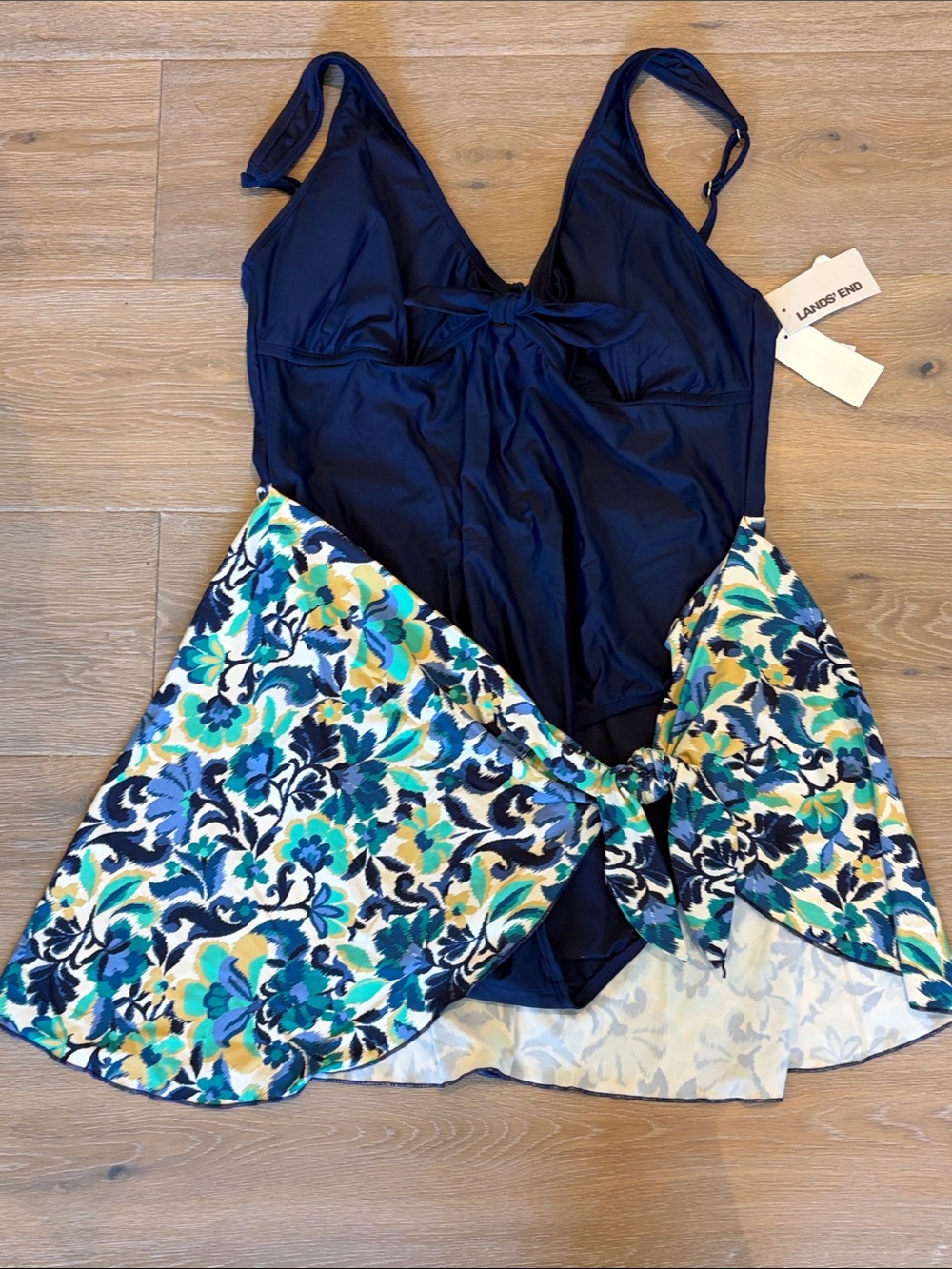 Lands' End Navy One-Piece Swimsuit with Blue-Green Floral Skirt